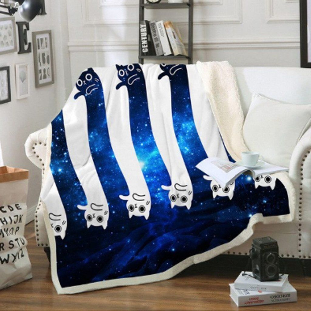 Blue And White Space Cat Sherpa Fleece Blanket
