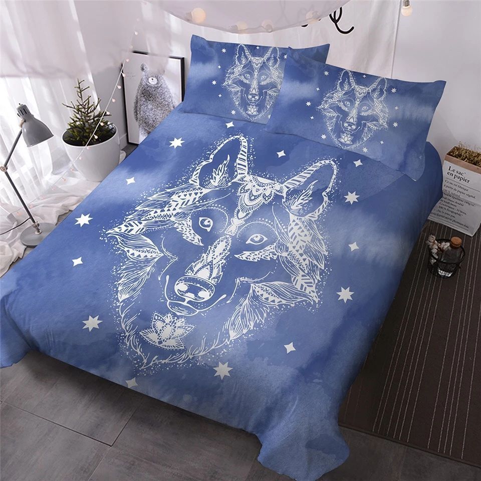 Blue And White Wolf Bedding Set