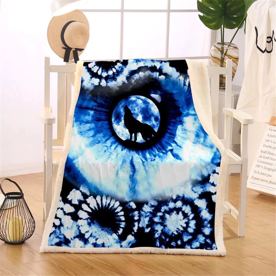Blue And White Wolf Tie Dye Sherpa Fleece Blanket