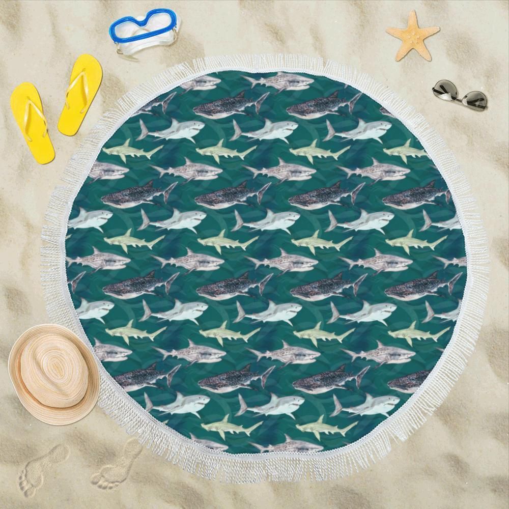 Blue Baby Shark Style Printed Round Beach Towel