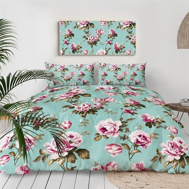 Blue Background Pink Roses Bedding Set