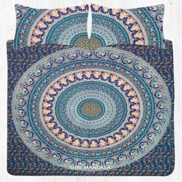 Blue Base Orange Brown Queen Elephant Bohemian Bedding Set