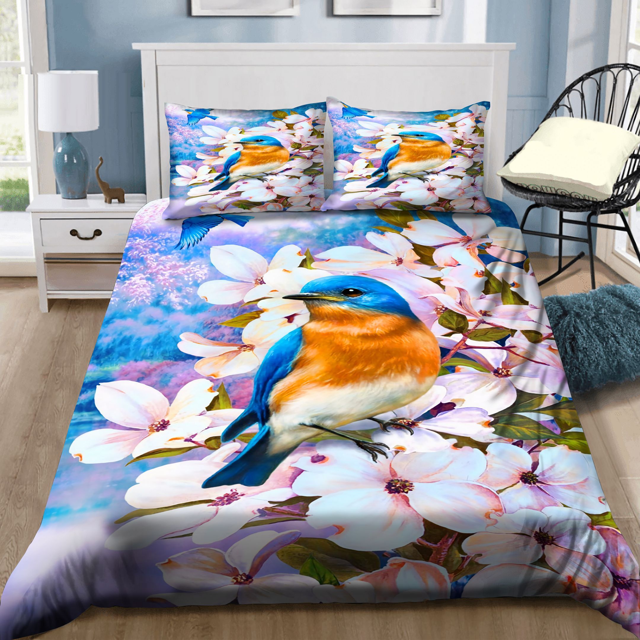 Blue Bird And Magnolia Flowers Bedding Set