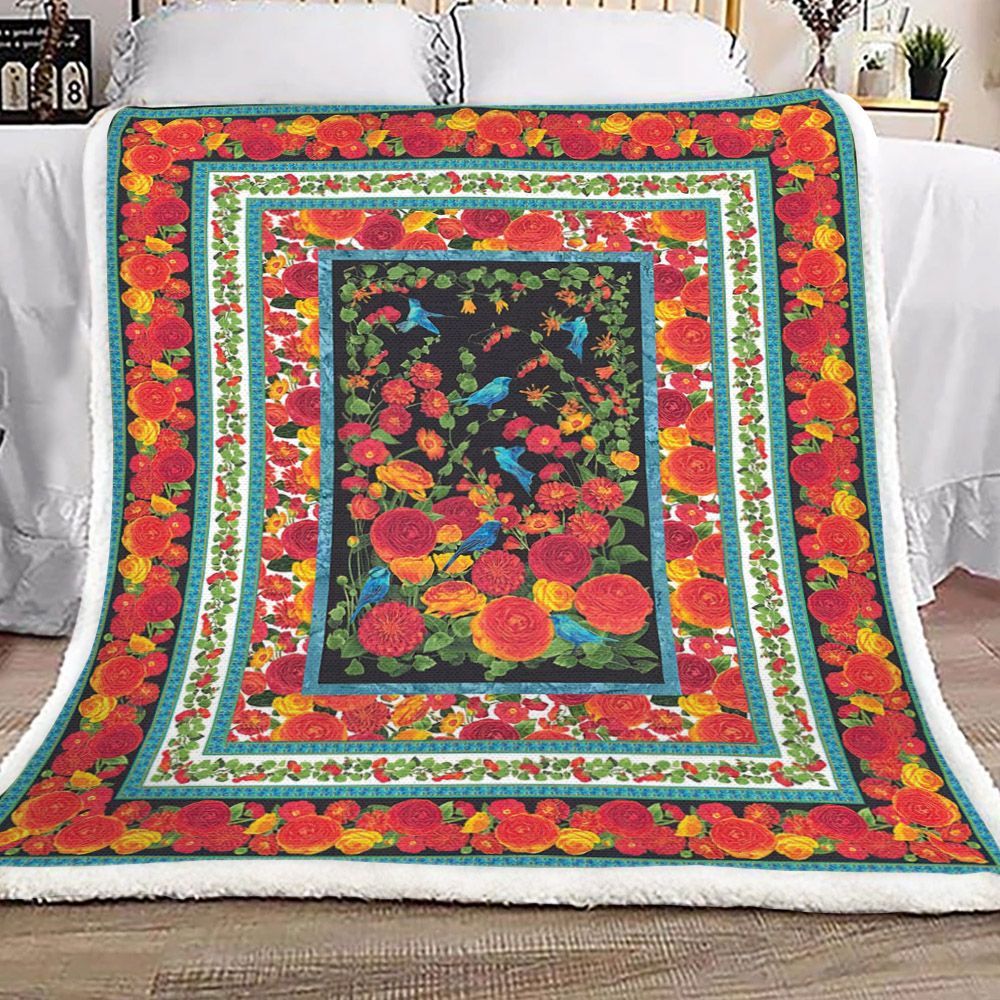 Blue Bird And Rose Sherpa Fleece Blanket