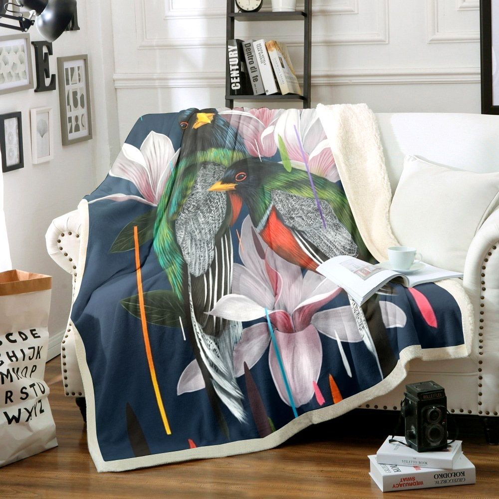 Blue Bird Flower Sherpa Fleece Blanket