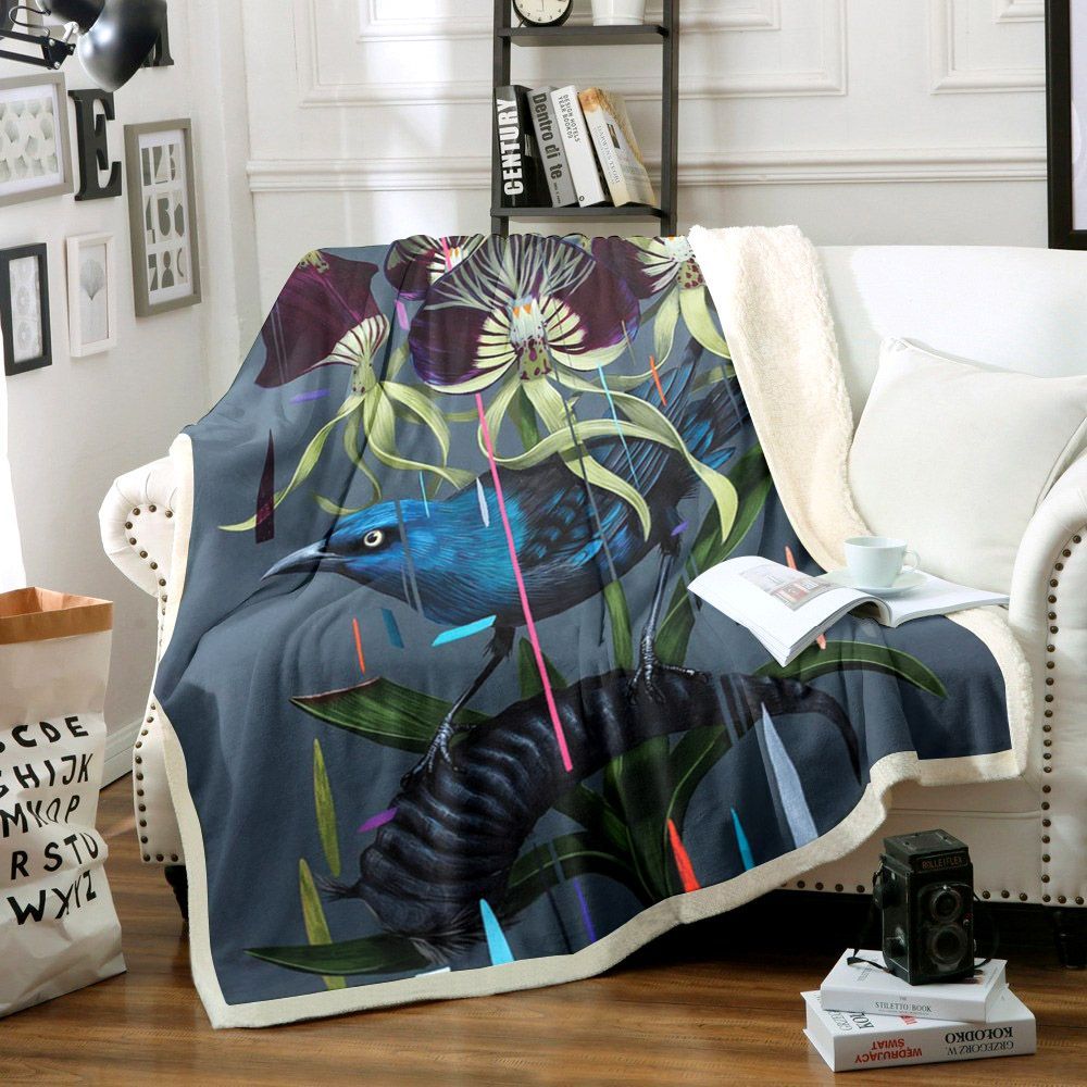Blue Bird Flower Sherpa Fleece Blanket