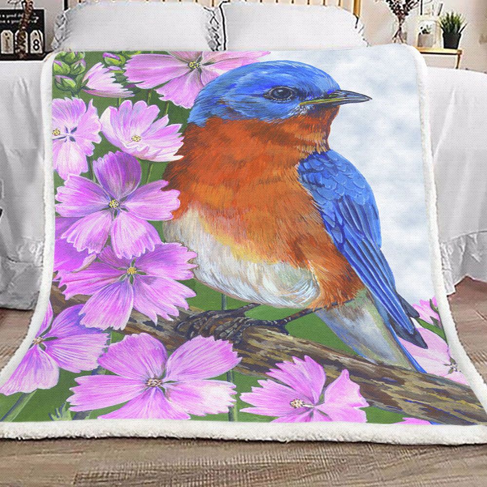 Blue Bird On Flowers Fleece Blanket