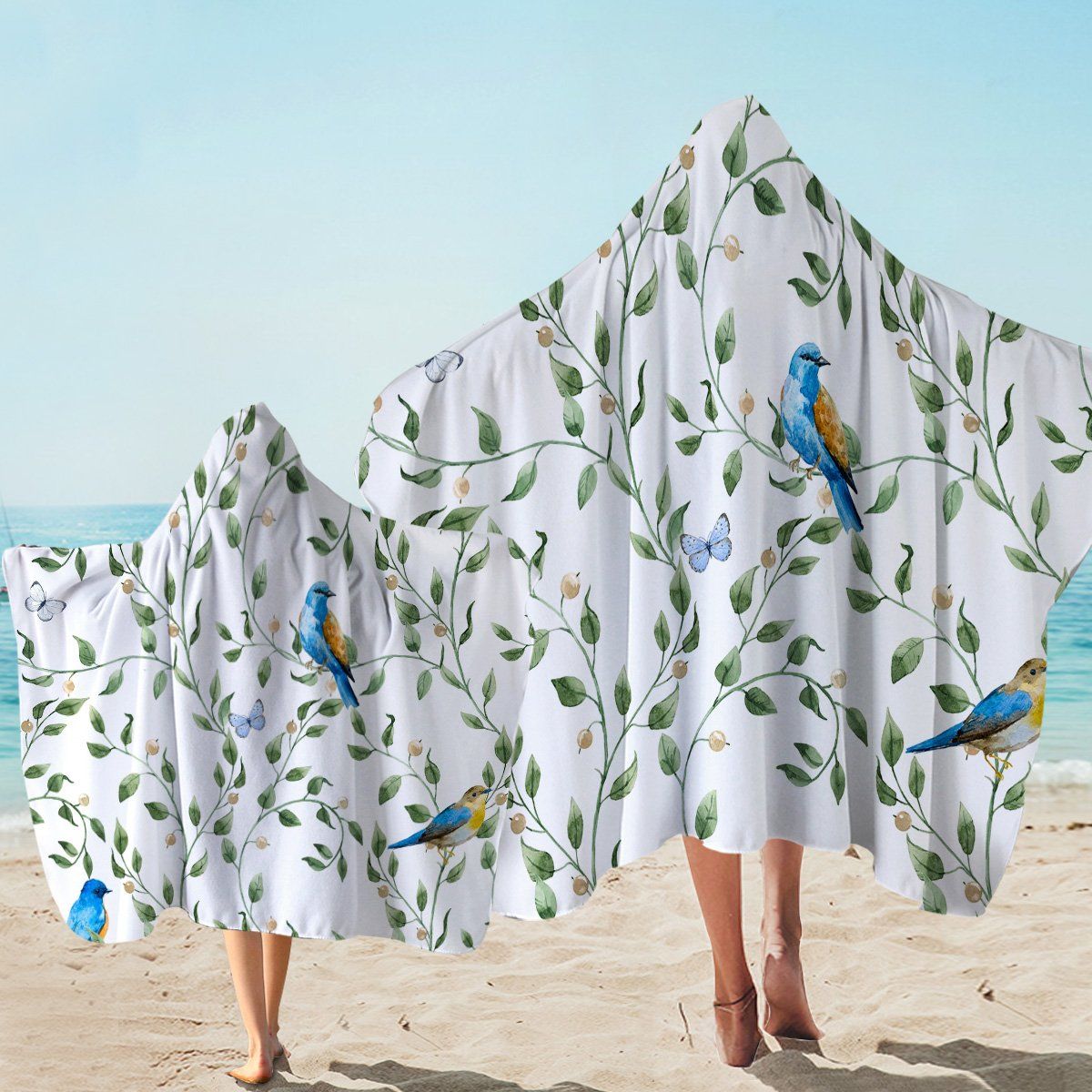 Blue Birds Branches Pattern White Printed Hooded Towel