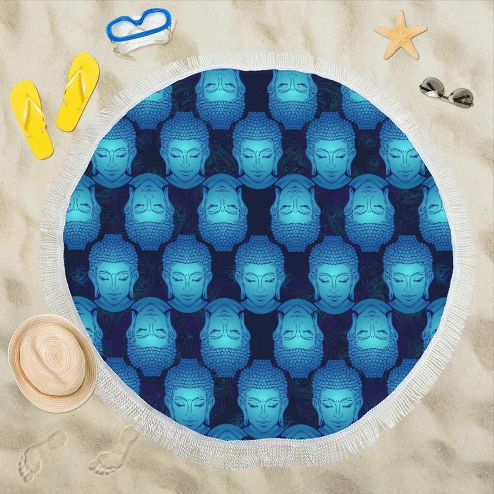 Blue Buddha Head Mandala Printed Round Beach Towel