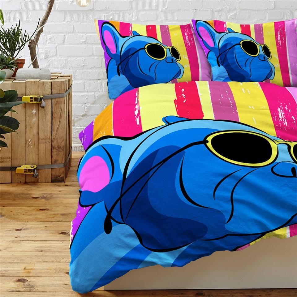 Blue Bulldog Colorful Stripes Bedding Set