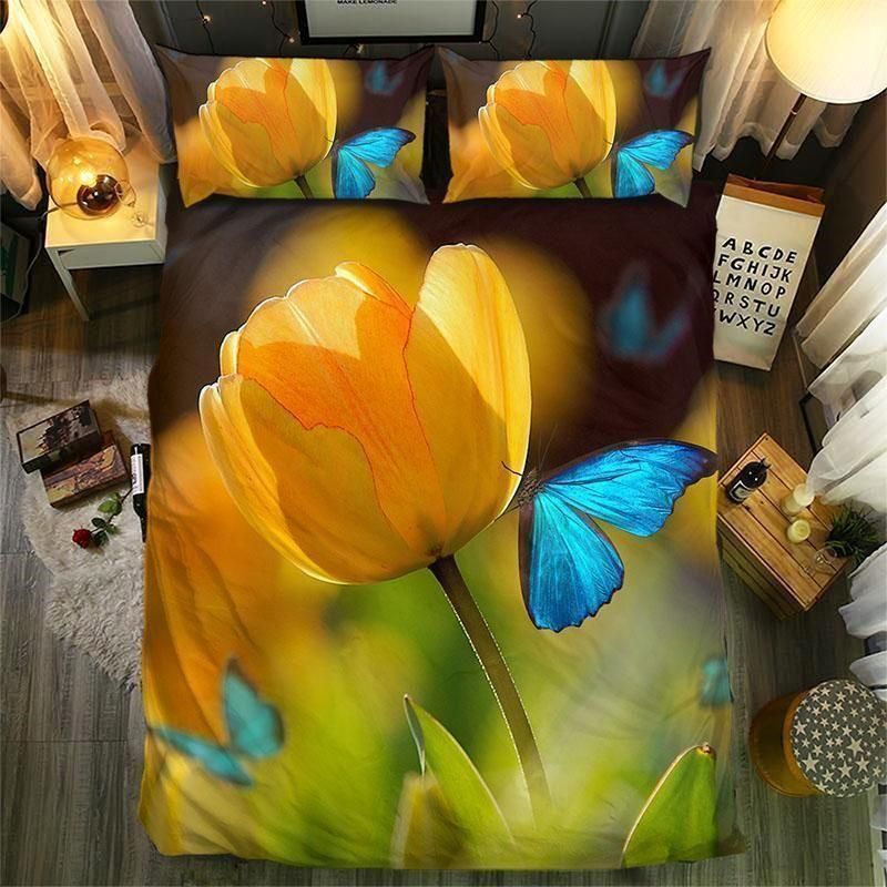 Blue Butterfly And Tulips Bedding Set