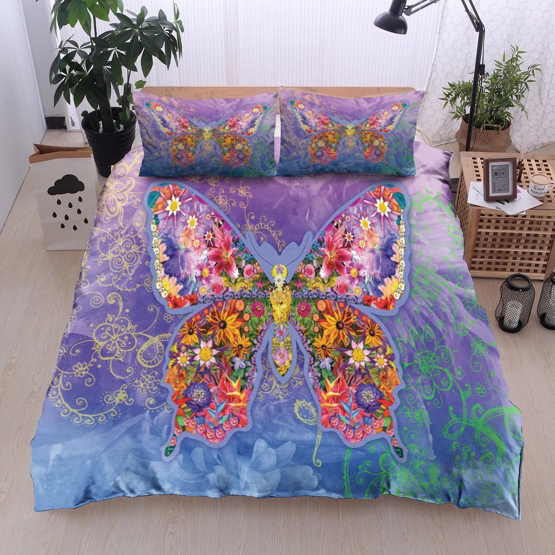 Blue Butterfly Floral Bedding Set
