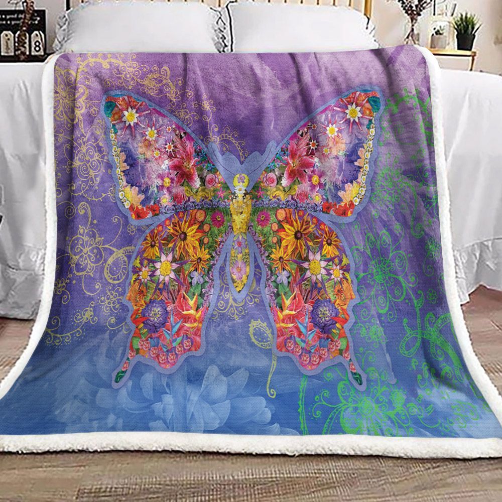 Blue Butterfly Floral Sherpa Fleece Blanket