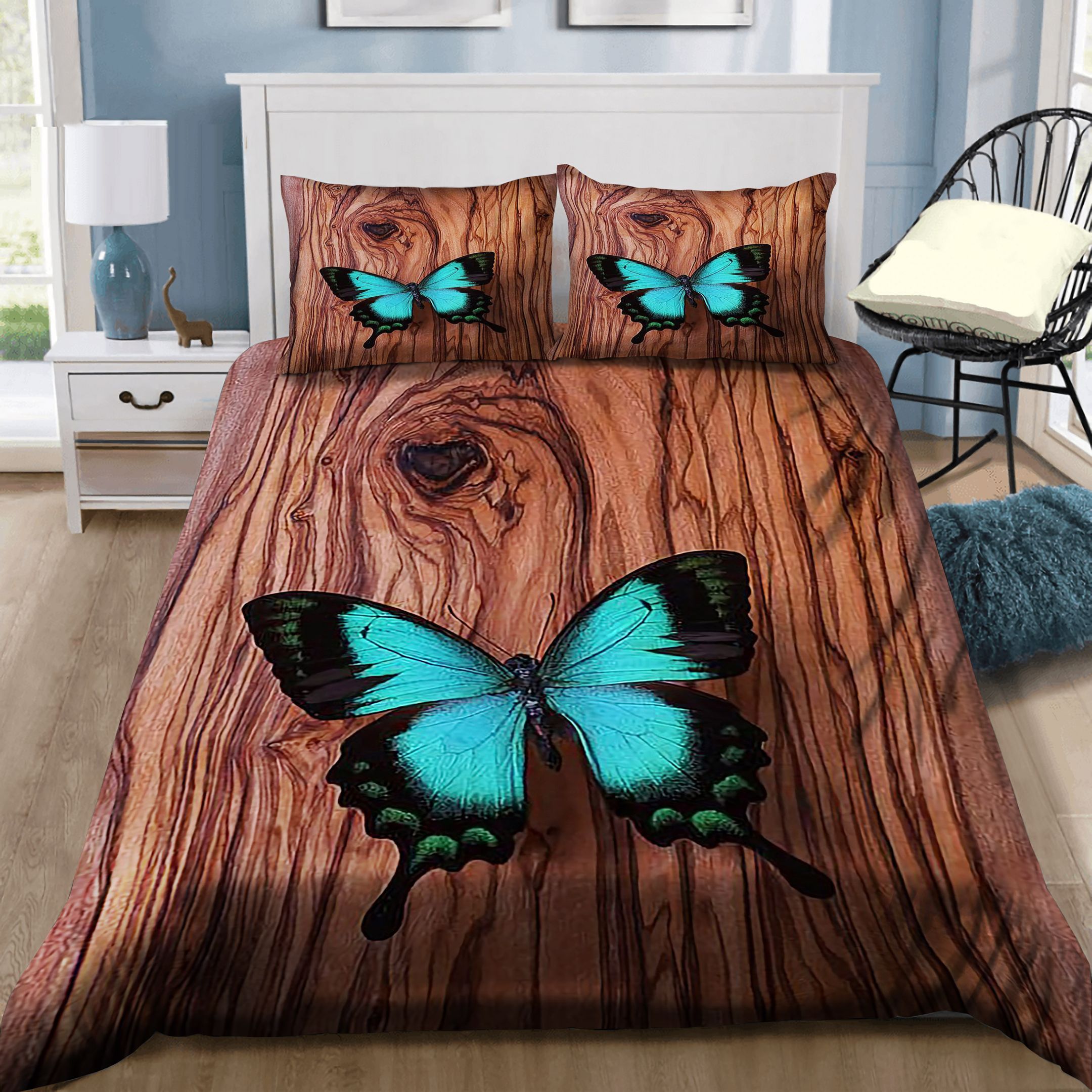Blue Butterfly On Wood Grain Bedding Set