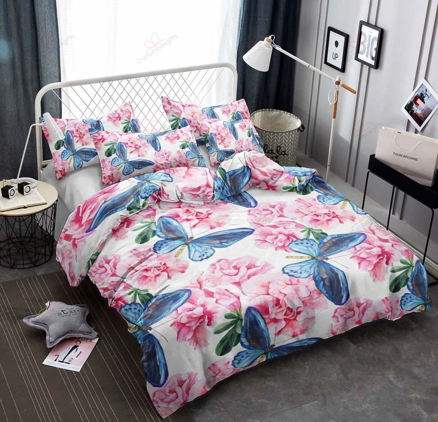 Blue Butterfly Pink Flower Printed Bedding Set