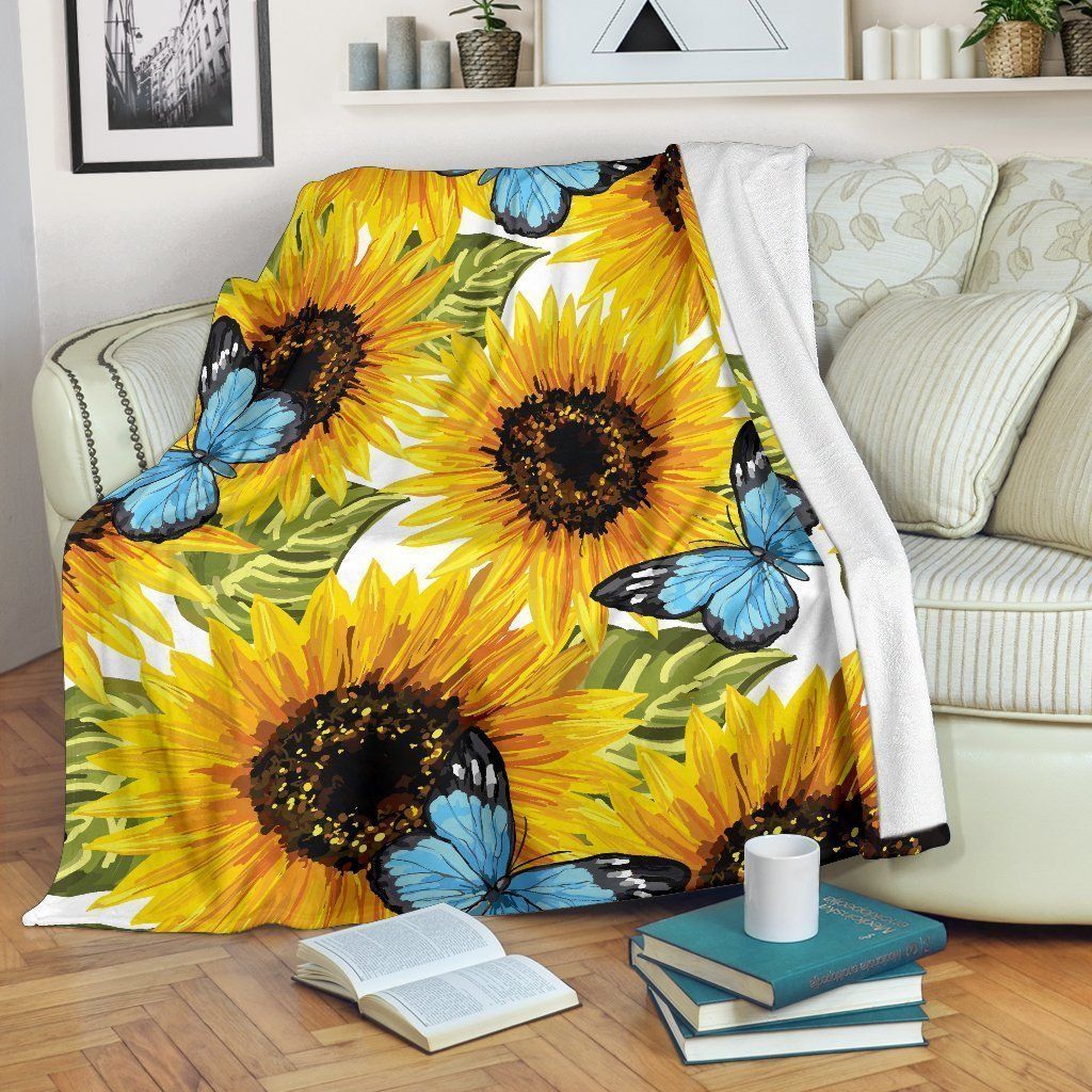 Blue Butterfly Sunflower Sherpa Fleece Blanket