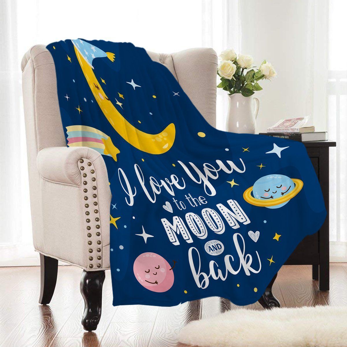 Blue Cartoon Space Moon Printed Fleece Blanket