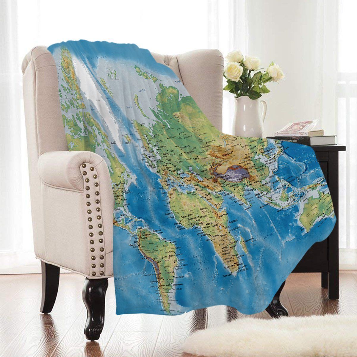Blue Classic World Map Printed Fleece Blanket