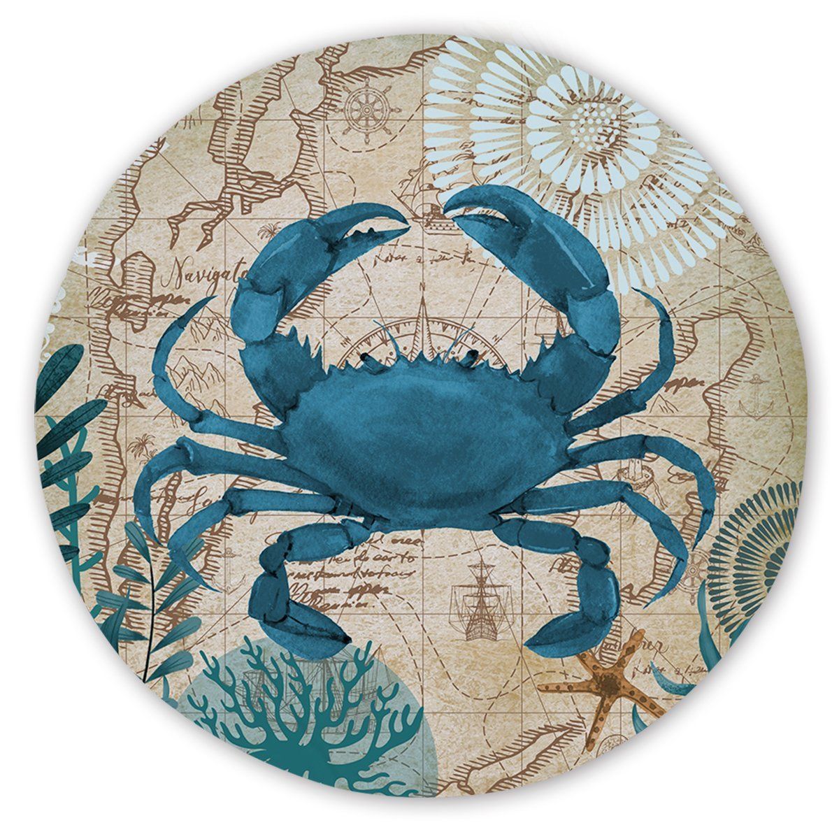 Blue Crab Love Vintage Printed Round Beach Towel