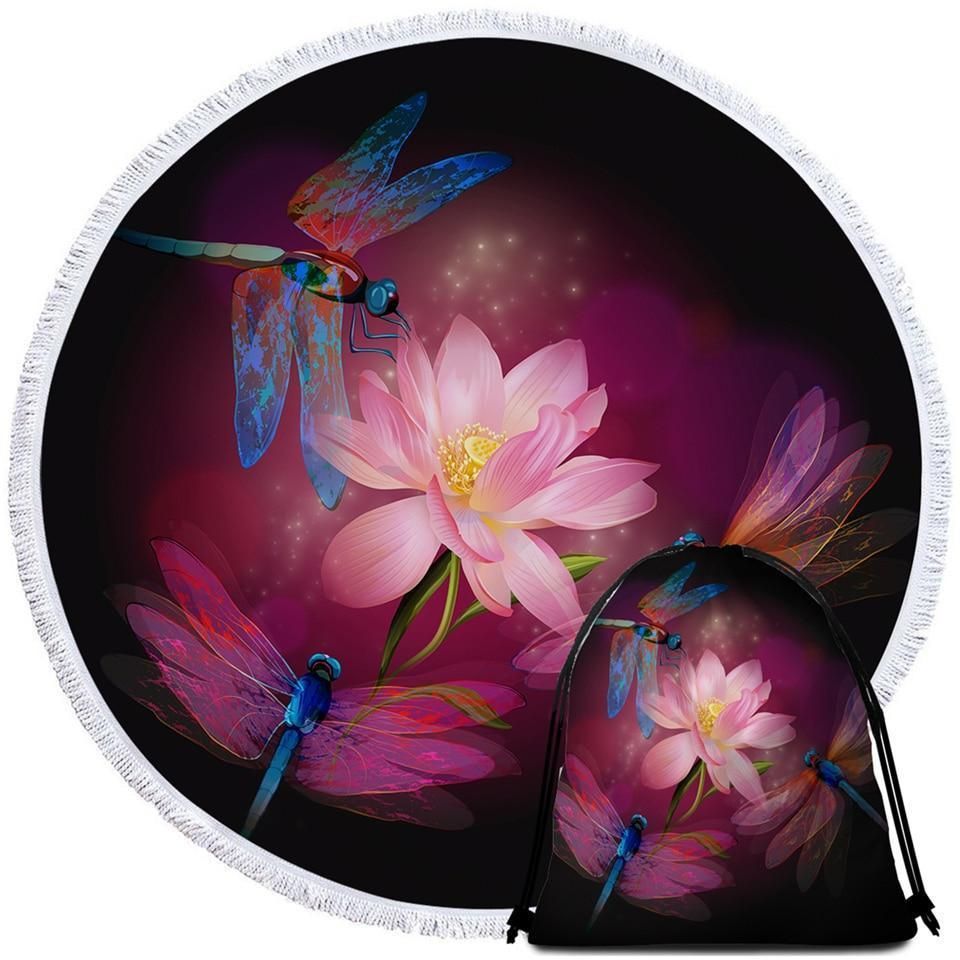 Blue Dragonflies And Lotus Printed Round Beach Towel