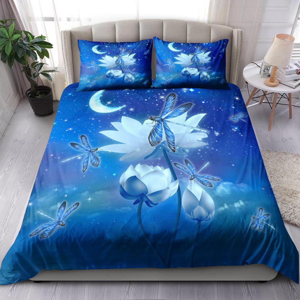 Blue Dragonfly And Lotus Bedding Set