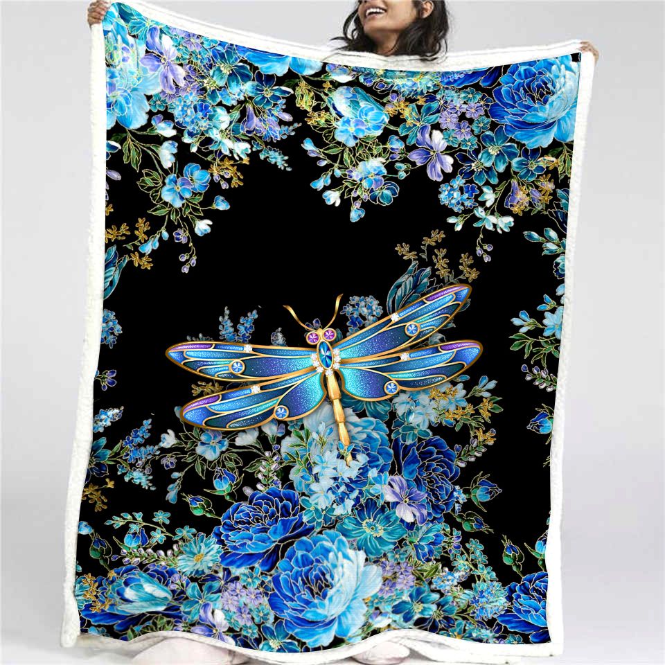 Blue Dragonfly Flower Fleece Blanket