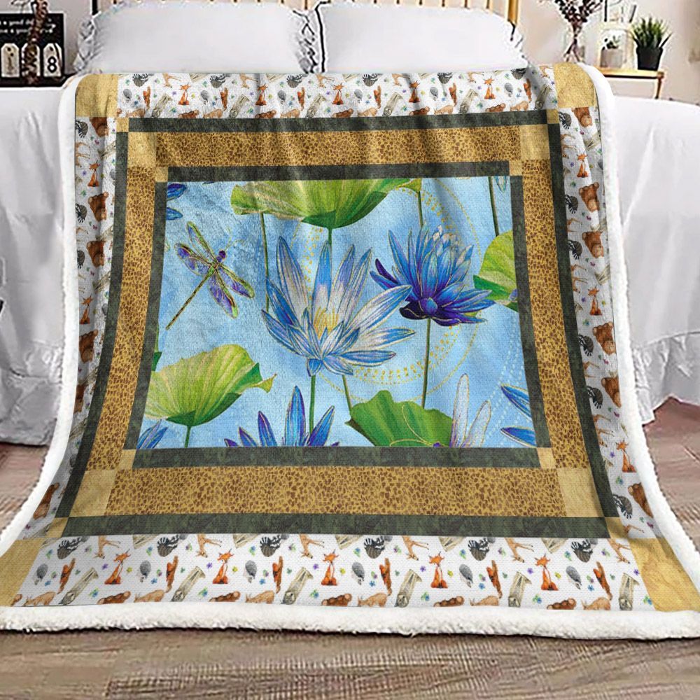 Blue Dragonfly Lotus Sherpa Fleece Blanket