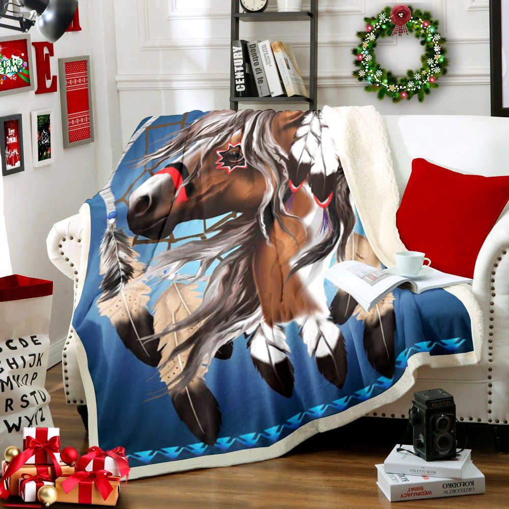 Blue Dreamcatcher Horse Sherpa Fleece Blanket