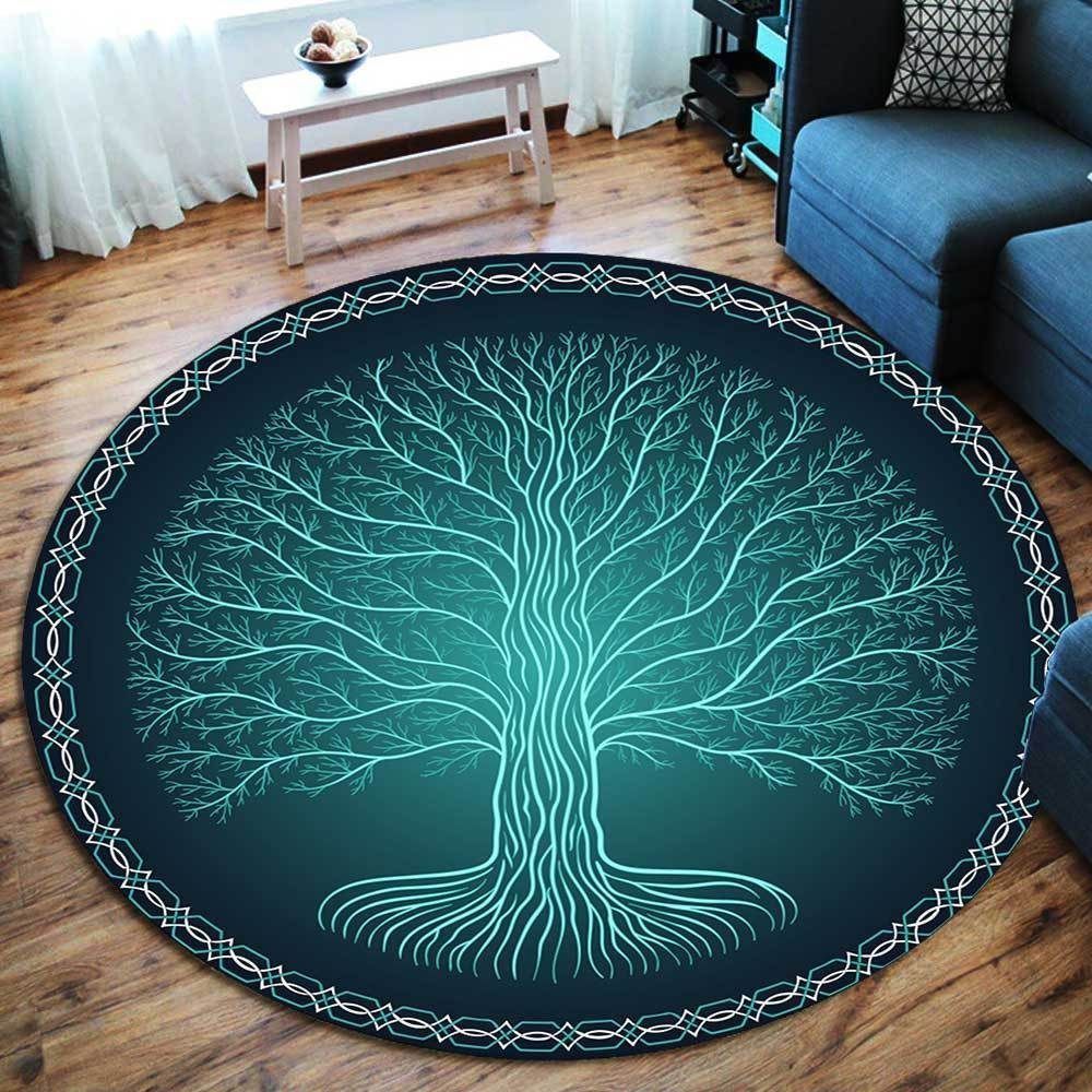 Blue Druidic Yggdrasil Tree Round Carpet
