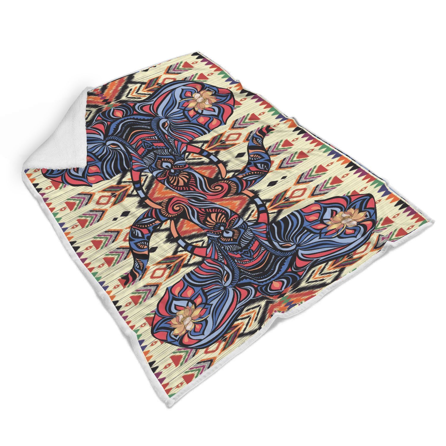 Blue Elephant Indian Mandala Sherpa Fleece Blanket