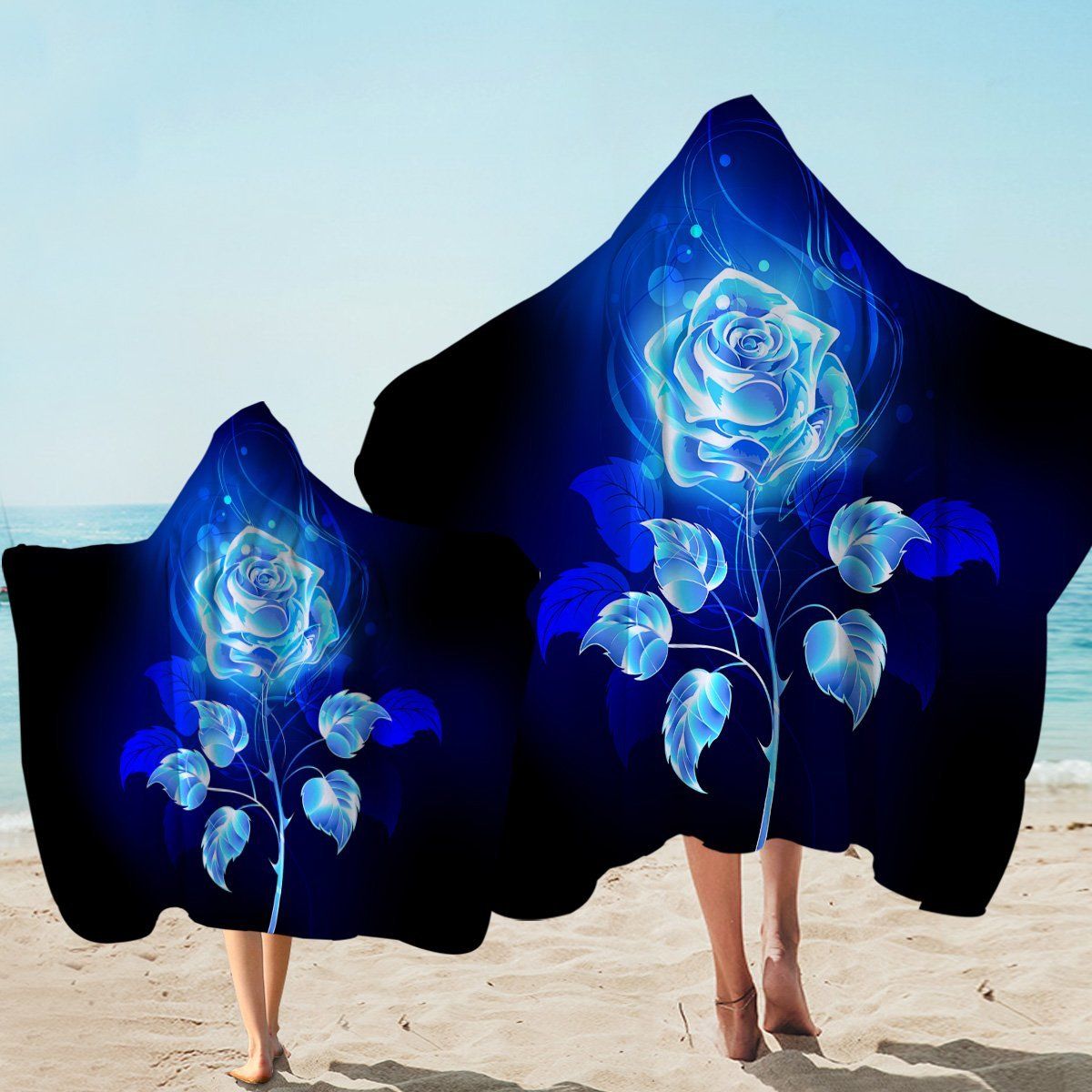 Blue Ethereal Rose On Black Printed Hooded Towel