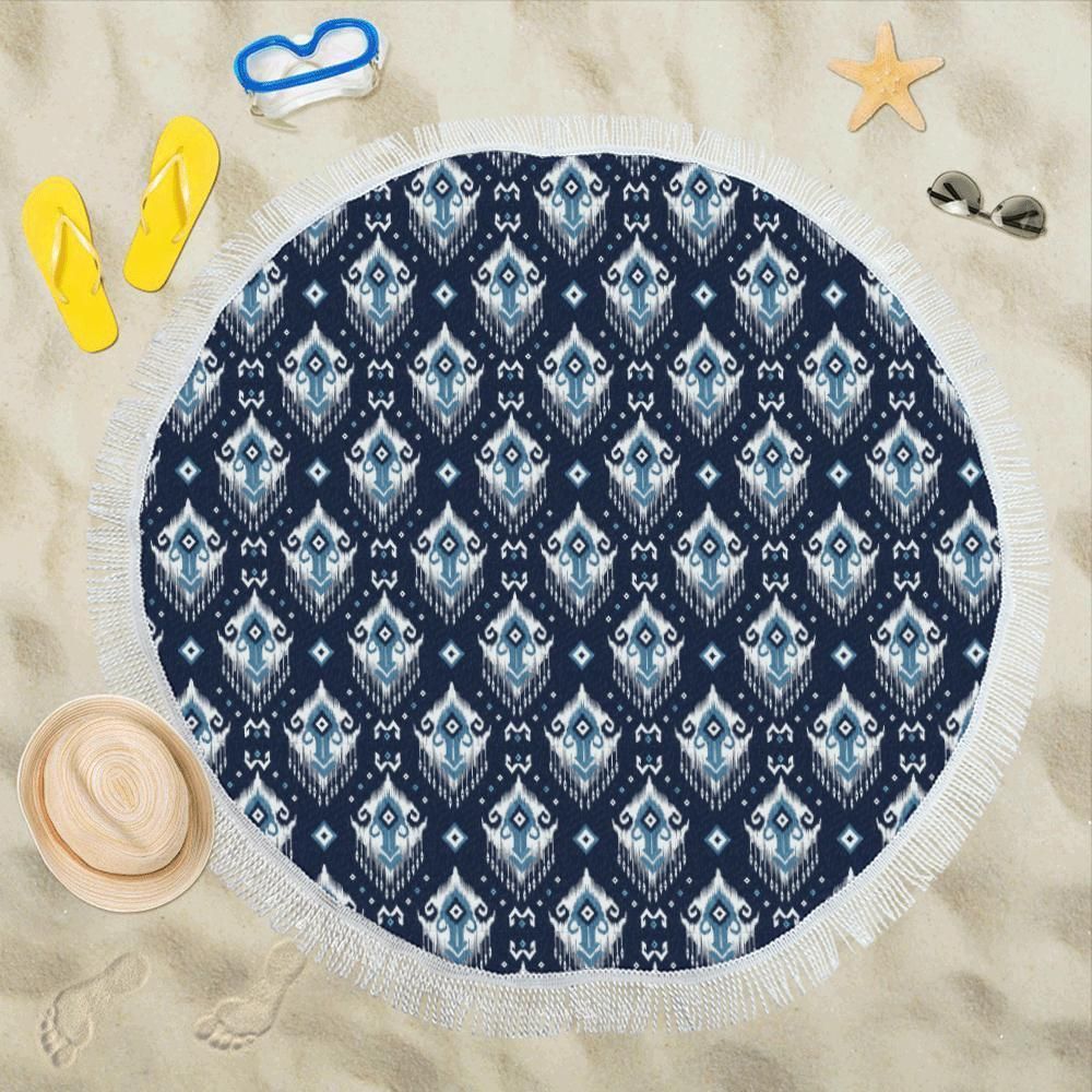 Blue Ethnic Ornament Print Pattern Round Beach Towel