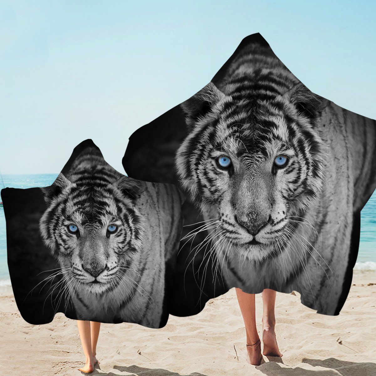 Blue Eye White Tiger Printed Hooded Towel