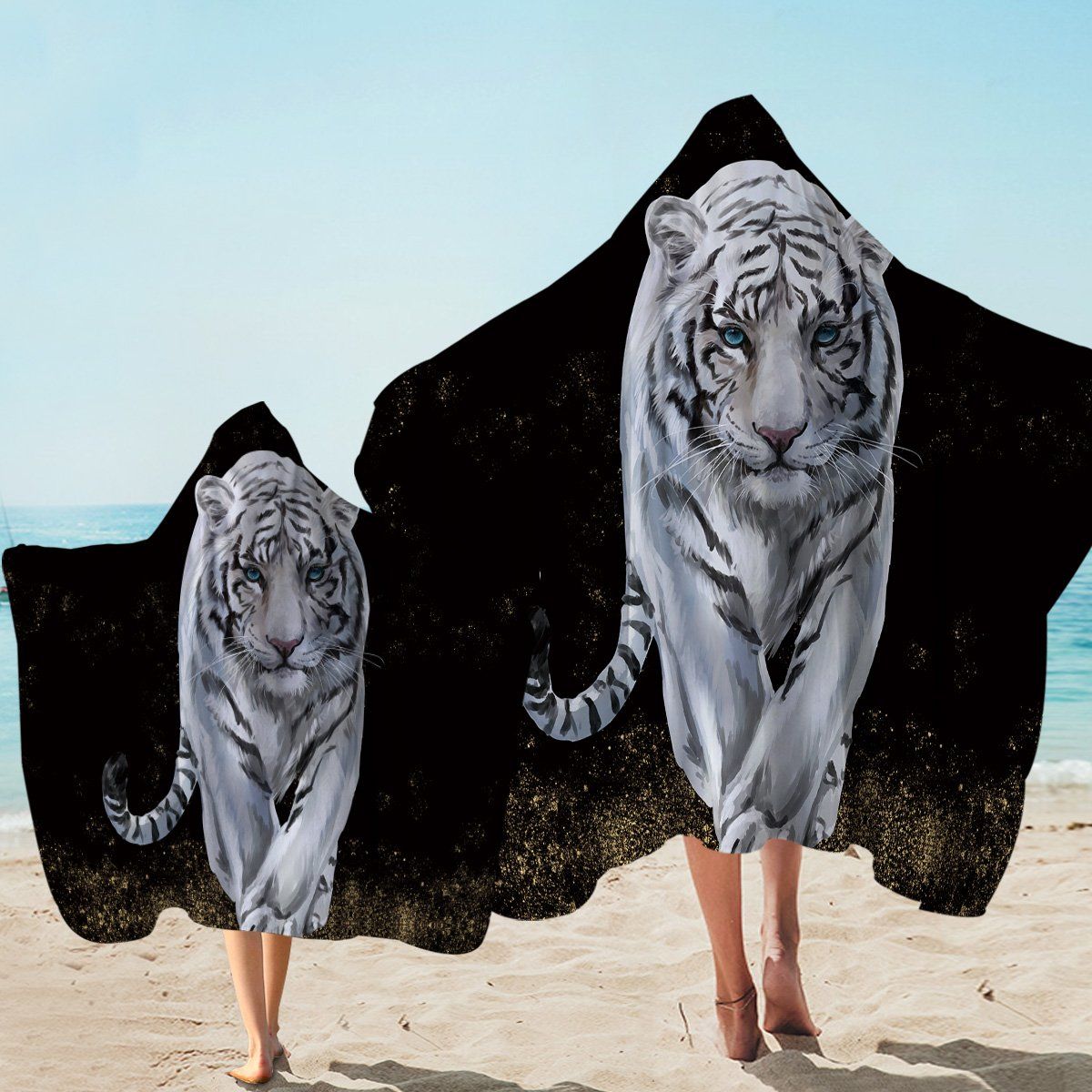 Blue Eyed White Tiger Black Printed Hooded Towel