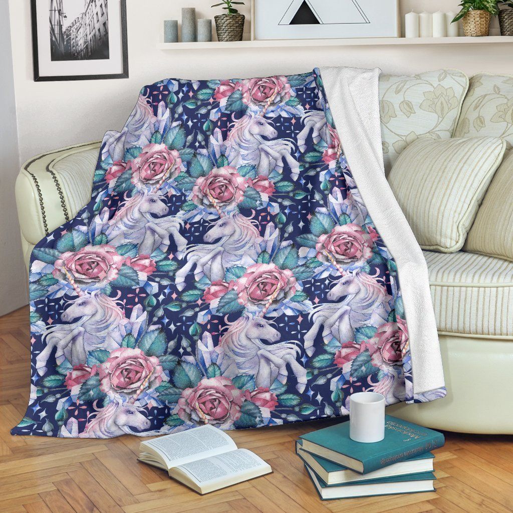 Blue Fairy Rose Unicorn Sherpa Fleece Blanket