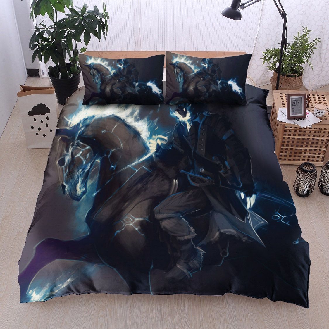Blue Fire Skull And Horse Bedding Set