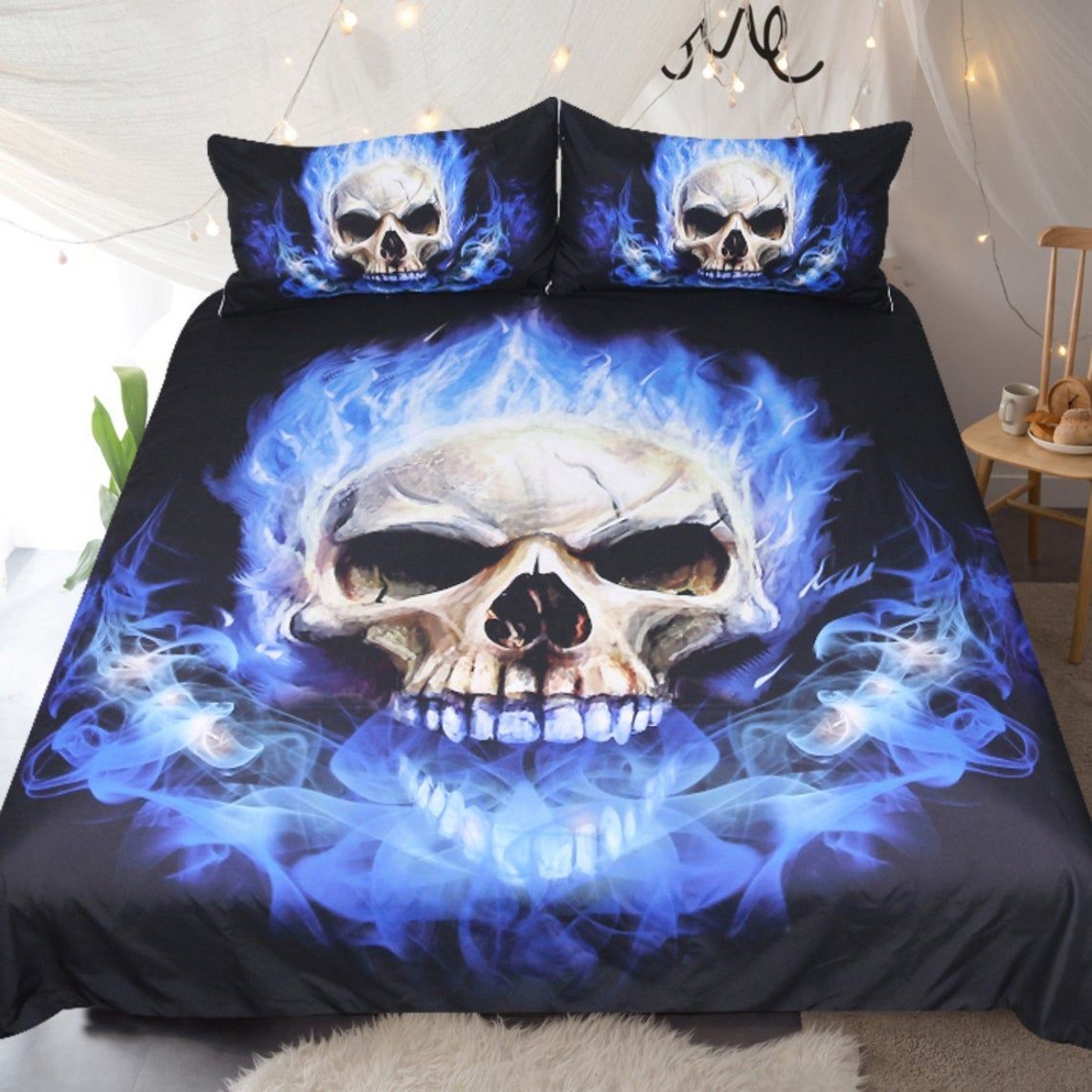 Blue Fire Skull Bedding Set