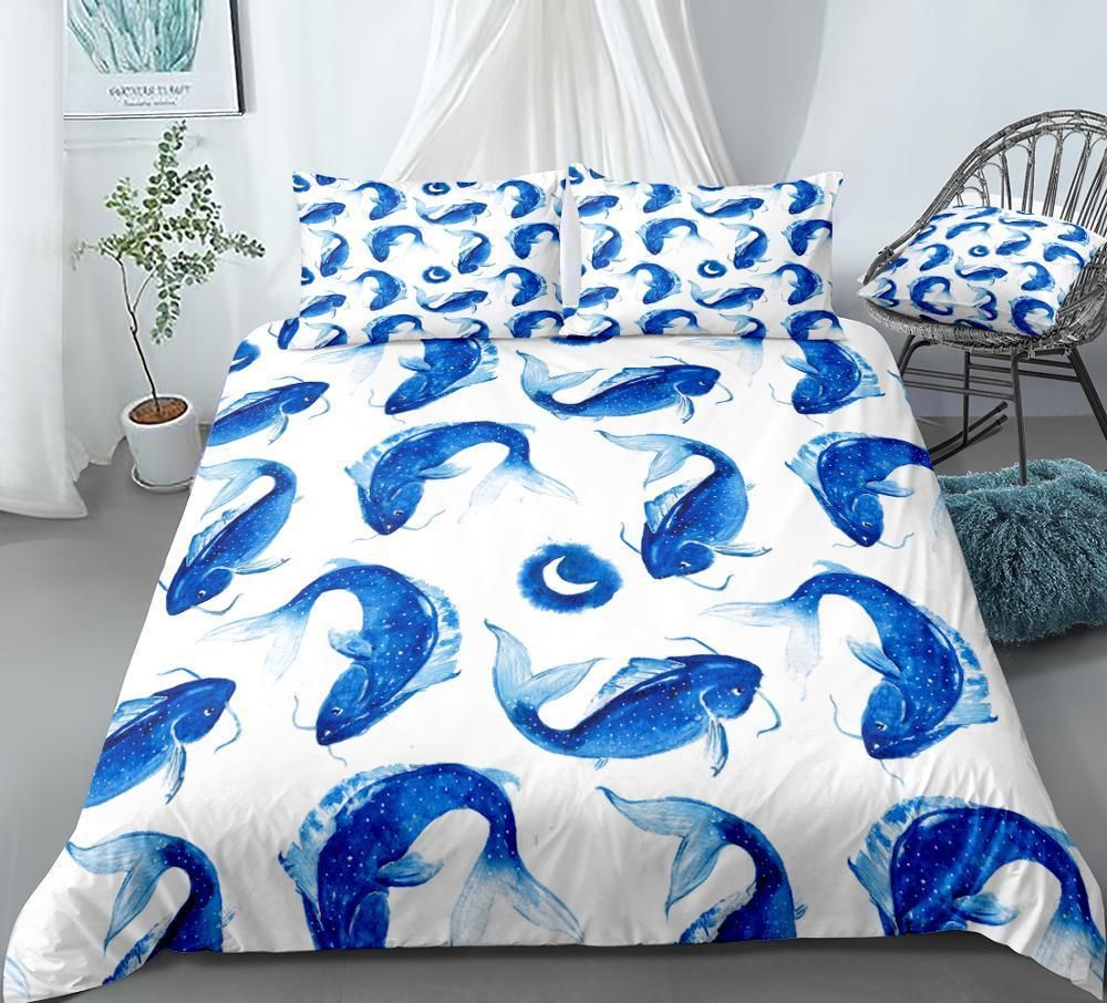 Blue Fishes On White Background Bedding Set
