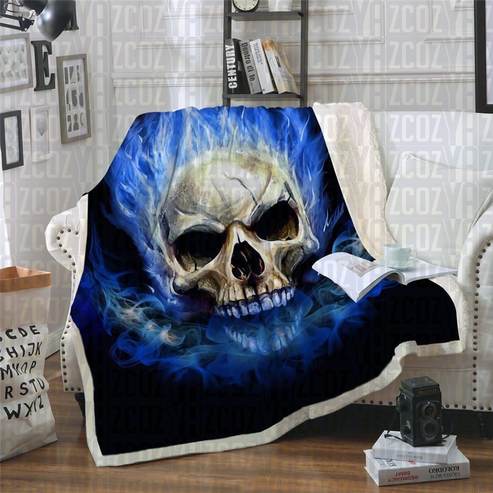 Blue Flame Skull Sherpa Fleece Blanket