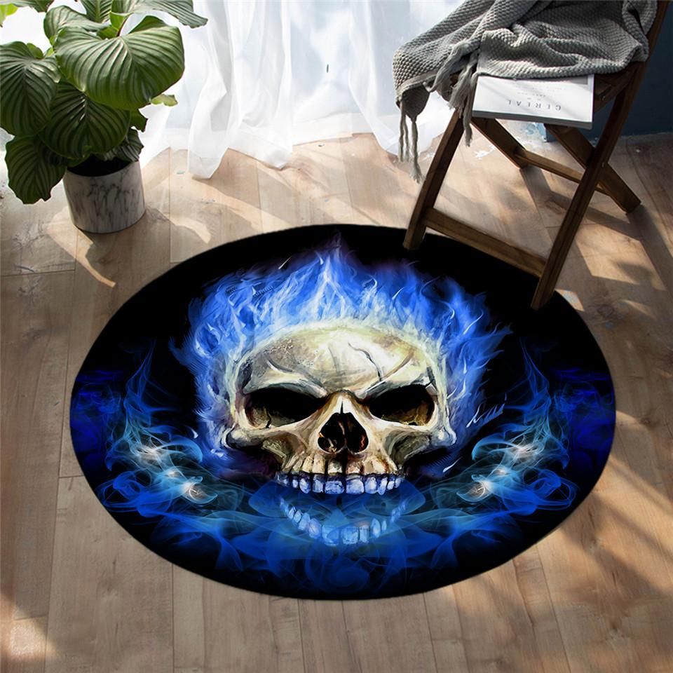 Blue Flaming Skull Round Carpet