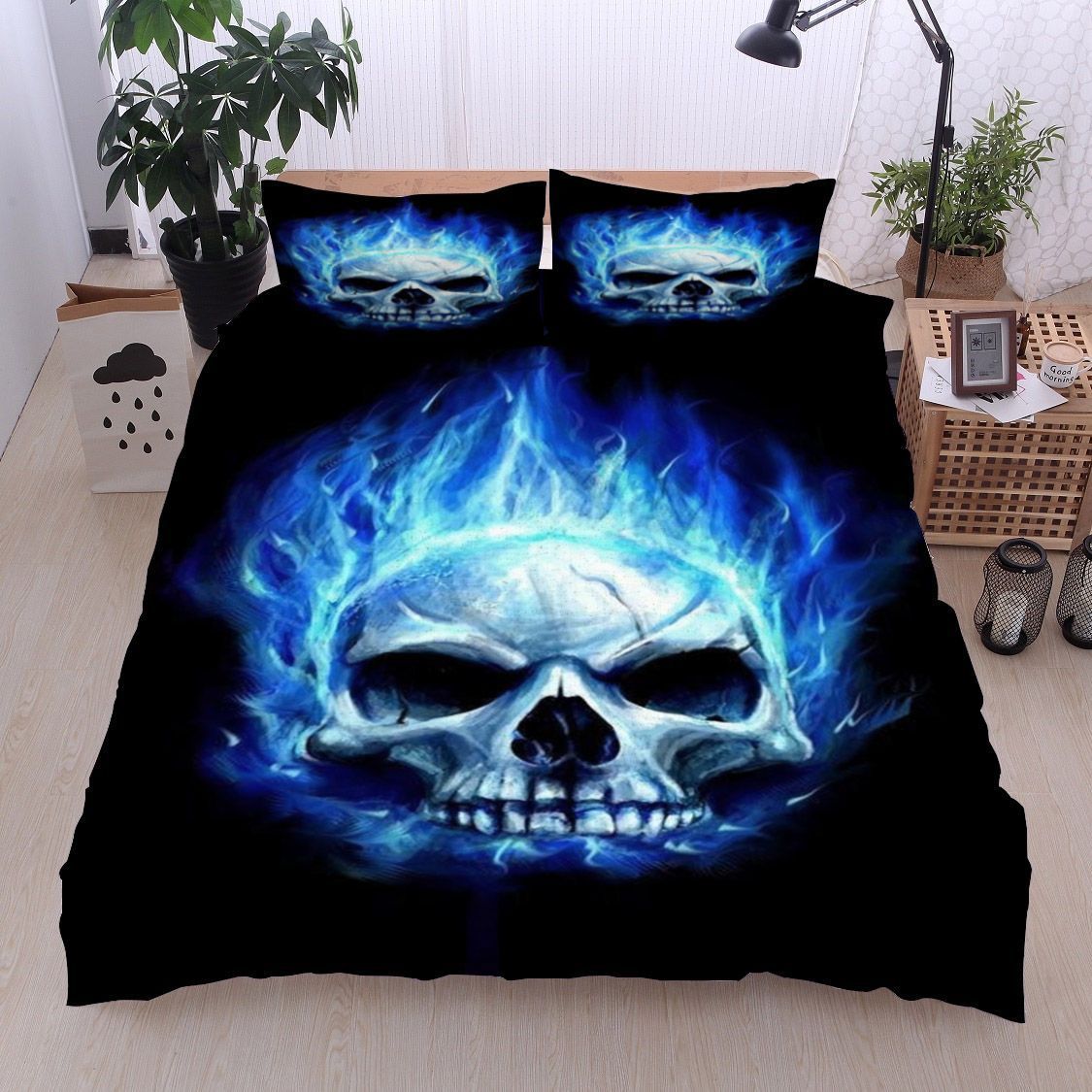 Blue Flaming Skull Bedding Set