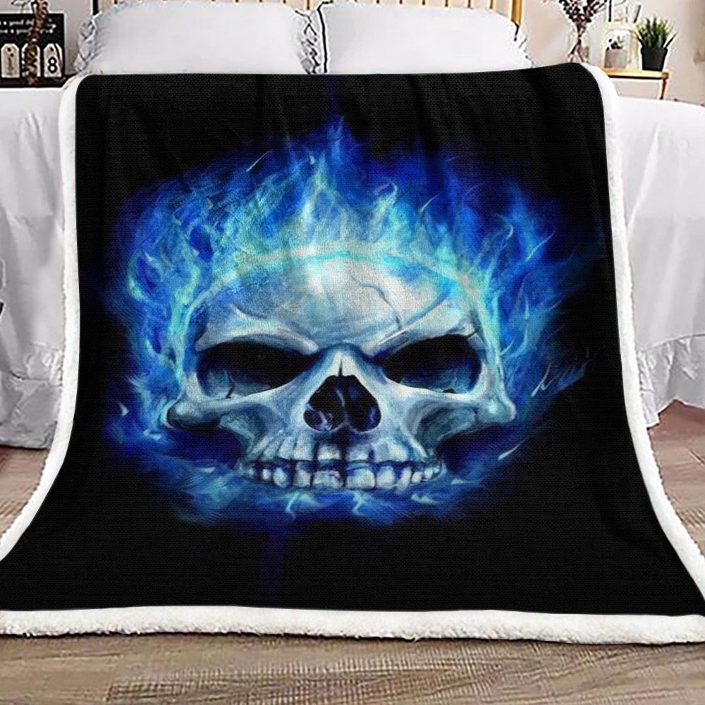 Blue Flaming Skull Sherpa Fleece Blanket