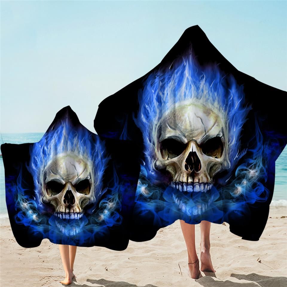 Blue Flaming Skull On Black Printed Hooded Towel