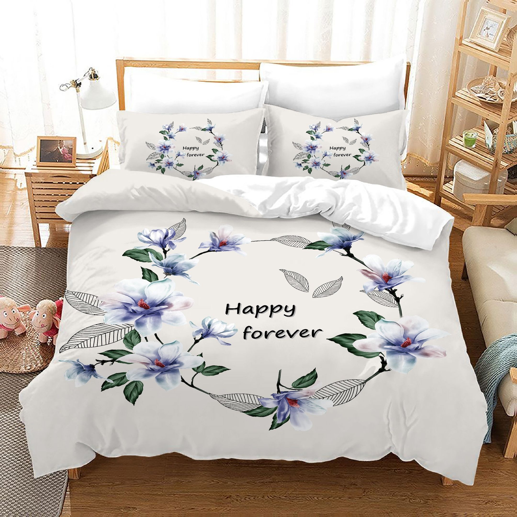 Blue Flowers Circle Design Happy Forever Bedding Set