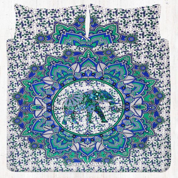 Blue Green Elephant Round Mandala Bedding Set