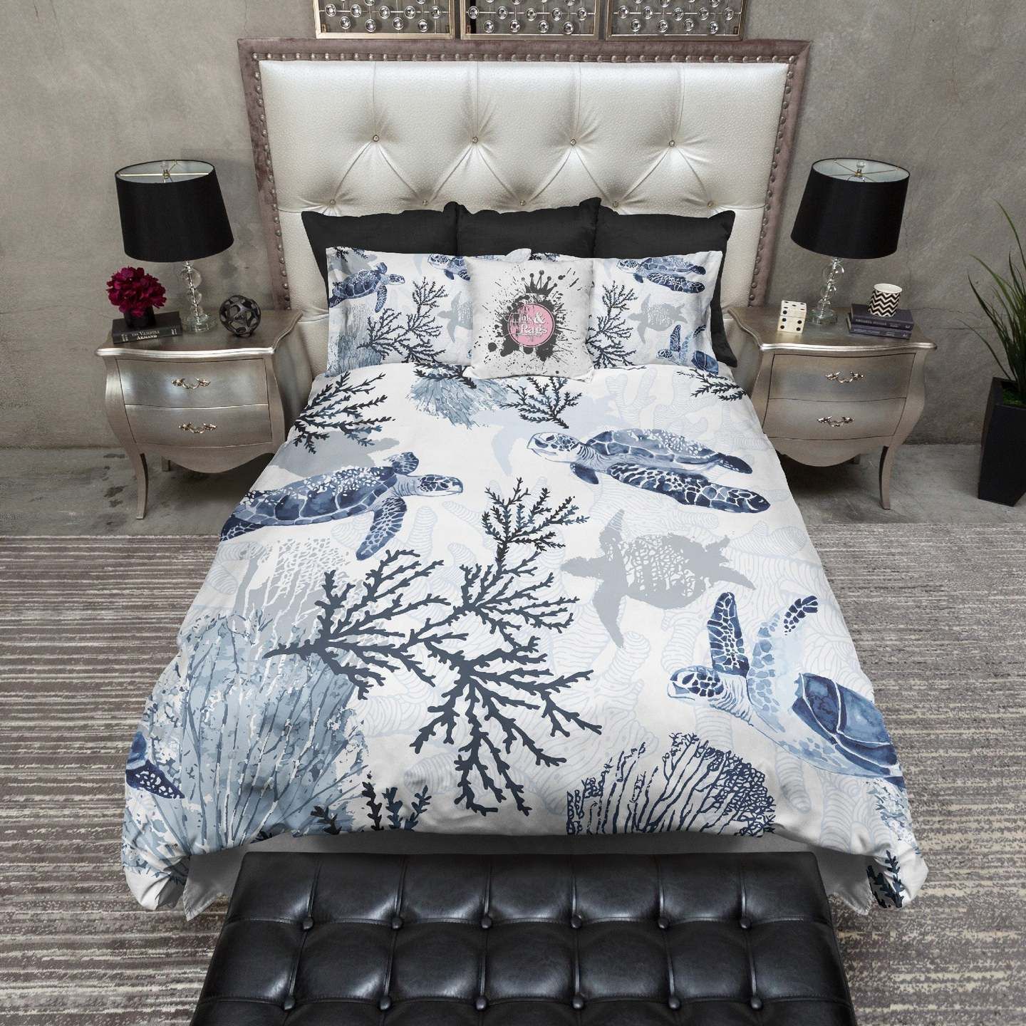 Blue Grey Sea Turtle Coral Beach Theme Bedding Set