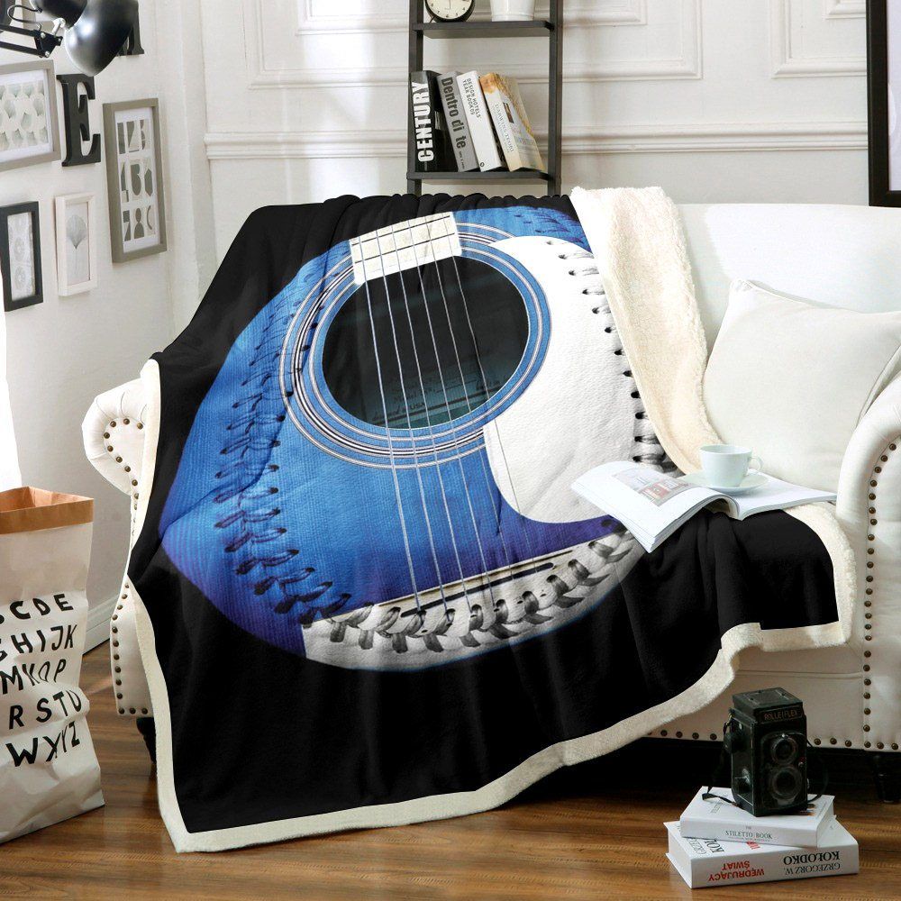 Blue Guitar Baseball White Laces Square Sherpa Fleece Blanket