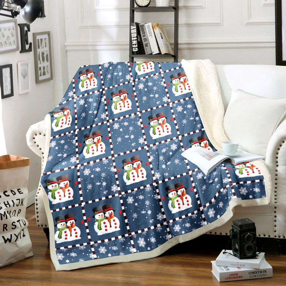 Blue Holiday Snowman Sherpa Fleece Blanket