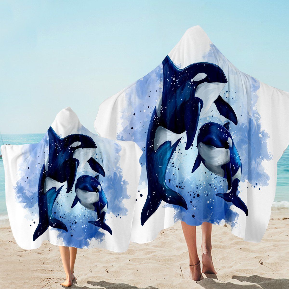 Blue Killer Dolphins On White Printed Hooded Towel