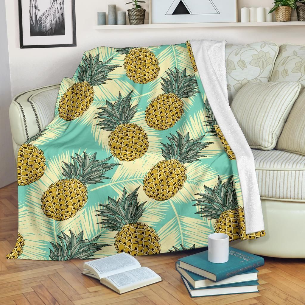 Blue Leaves And Pineapple Pattern Print Design Fleece Blanket